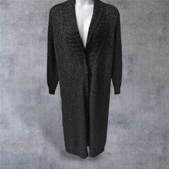 INC Women's Black & Silver Metalic Shimmer Long Open Sweater Coat With Belt - Picture 1 of 14